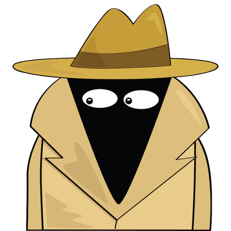 Cartoon illustration of a spy wearing a hat and trenchcoat