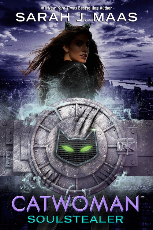 Purple and white sky over a purple tinged city with Catwoman's torso and head looking at the reader from behind a grey circular bank vault door with a black face of a cat on it that has glowing green eyes