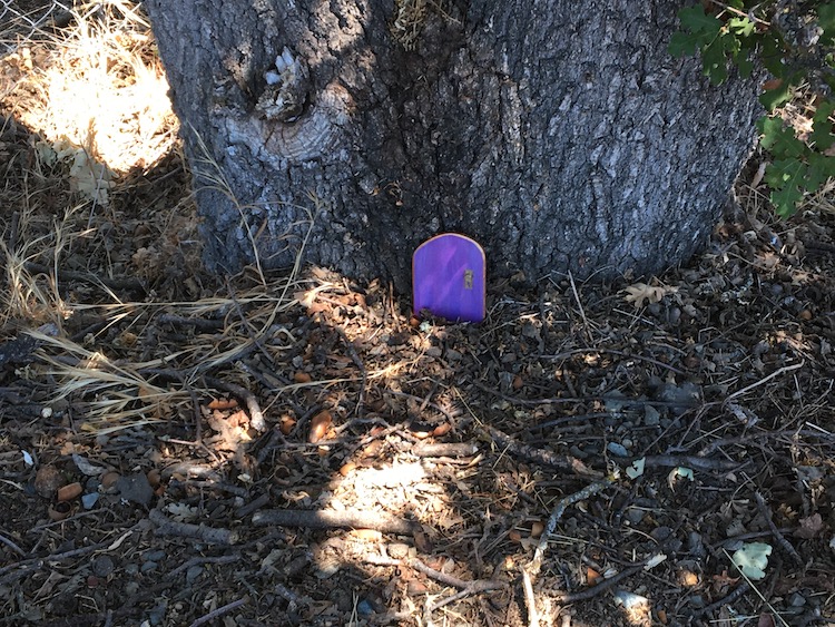 A photo of a small purple door made out of wood with a gold handle sitting at the base of a tree.