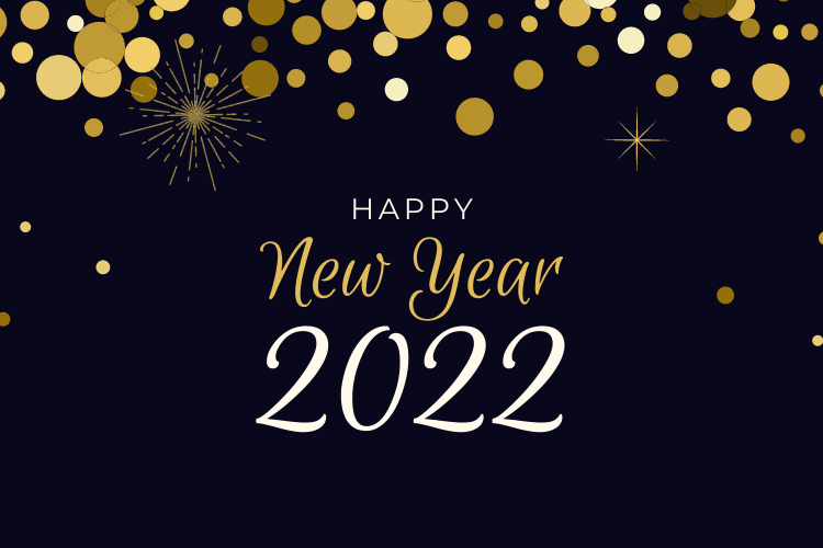 Black background with gold sparkles and white text Happy New Year 2022