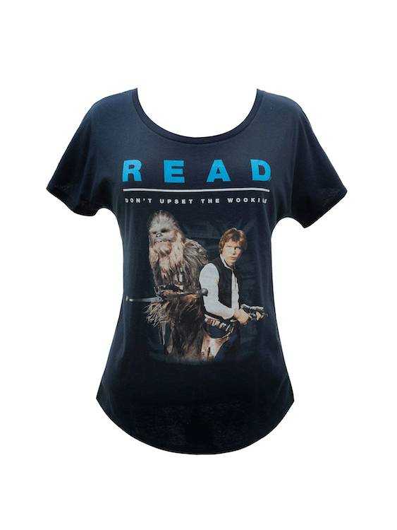 Black t-shirt with READ Don't Upset the Wookie above an image of Han Solo and Chewbacca