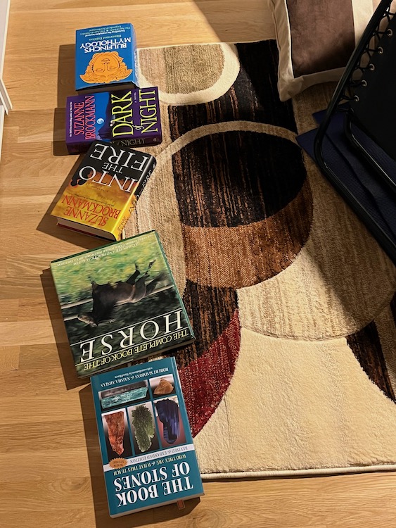 Photo of four hardback books weighing down the edge of a new carpet (geometric shapes in cream, tan, dark brown, and rust red)