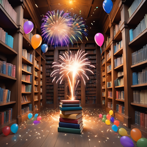 a book with fireworks coming out of it balloons and streamers in the background inside a library