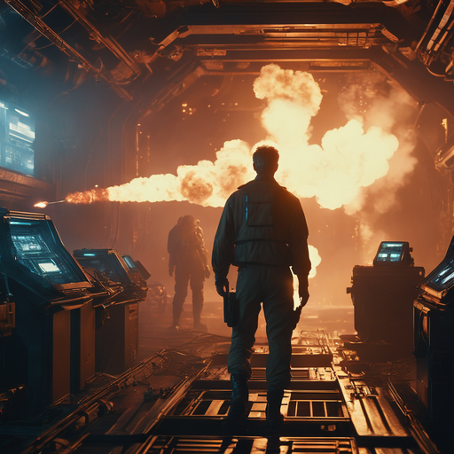 Man facing away from camera toward flames shooting out from the left. rows of computerized equipment are on either side of him. He appears to be in a spaceship.