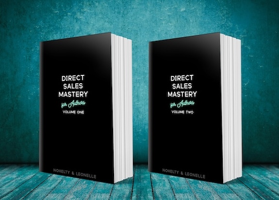 Turquoise background with two books with black covers and white title text. Direct Sales Mastery for Authors Volume One and Volume Two
